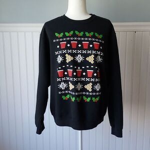 Jerzees Cup Beer Pong Christmas‎ Holiday Sweatshirt Medium Black Novelty Funny